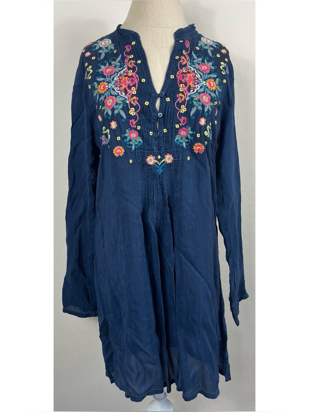 Johnny Was Navy Sheer Embroidered Tunic
